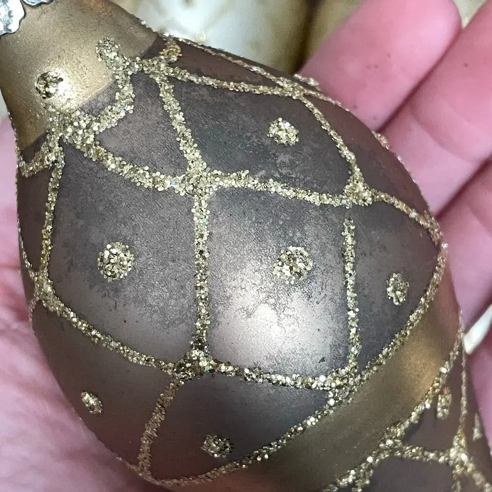 Hand Blown Gold Fluted Ornaments Glitter Lot of 6 Vtg Large Teardrop READ